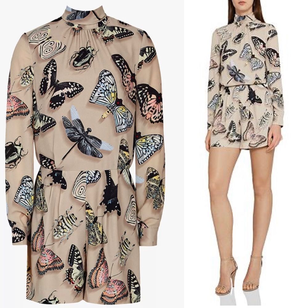 Reiss Gail Butterfly-Print high neck tie Romper beige multicoloured Sz 10 NWOT
